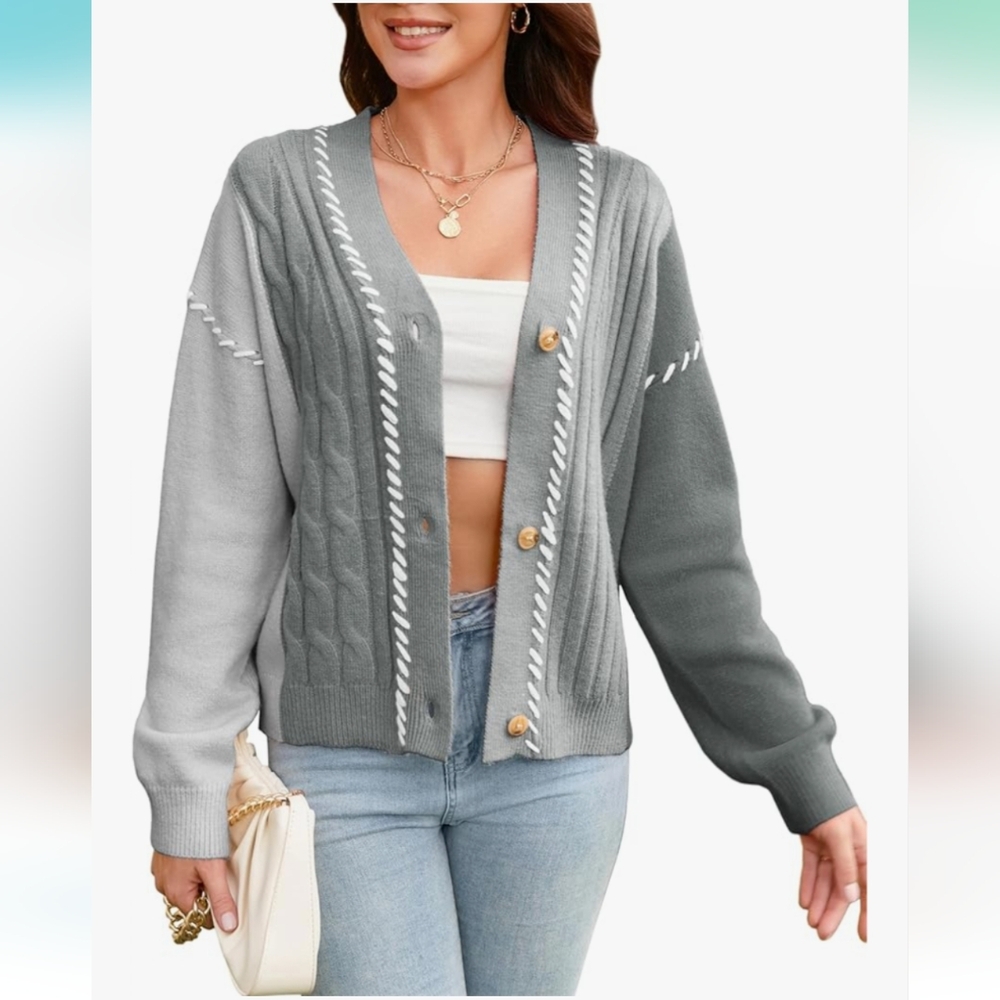 Sporty Two-Tone Gray Cable Cardigan Sweater Size Small